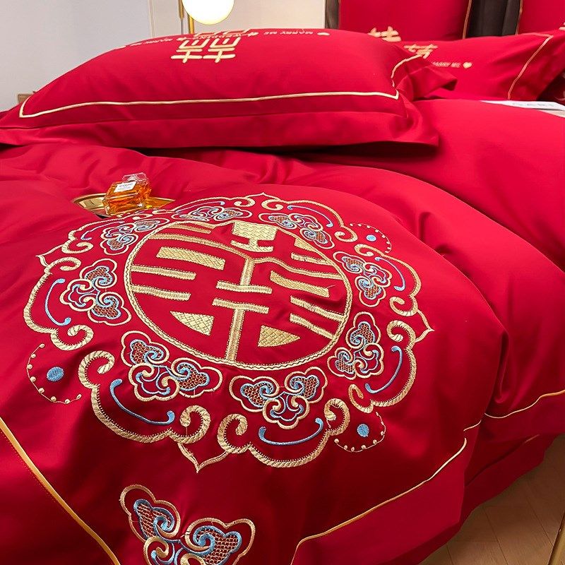 简约中式100支高端长绒棉婚庆四件套刺绣工艺大红色结婚被套床单