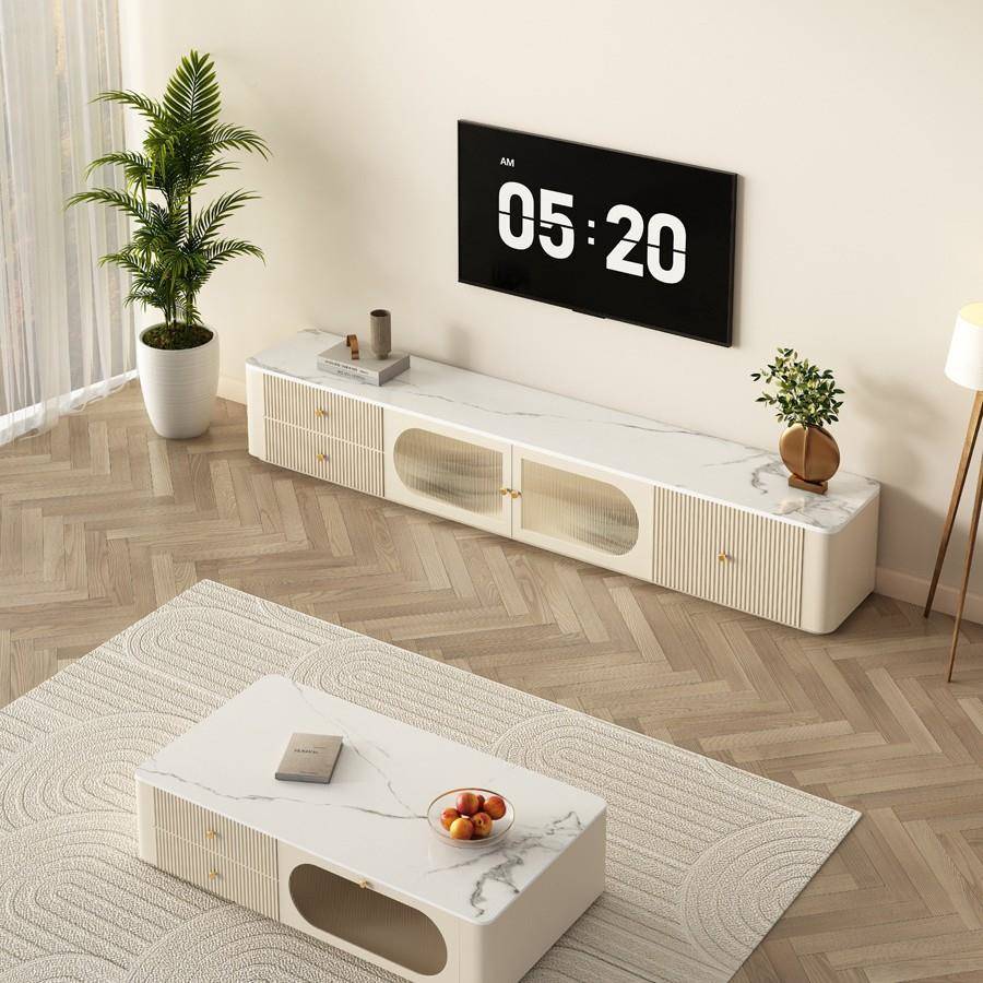 茶几电柜厅组合奶油客现视代简约TXM小户型实木落风地白色岩板电