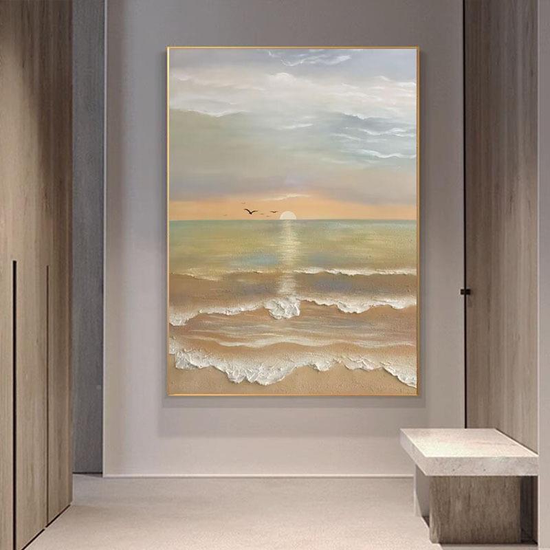 纯手绘油画客厅AEA现代装画饰海景日油出风景肌理画关竖版挂画奶