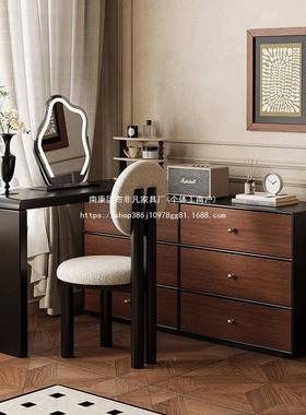 法式OOL复实古梳妆台斗柜一木黑色收柜体卧纳室化妆桌化妆柜中古