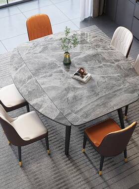 亮光岩板餐桌方圆两用轻奢小桌现代简约户型餐桌实岩板餐木椅LPN