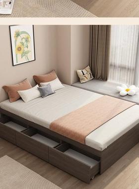 实单木床人现GES代简约双无床头床储物床地台榻榻床米人床柜一体