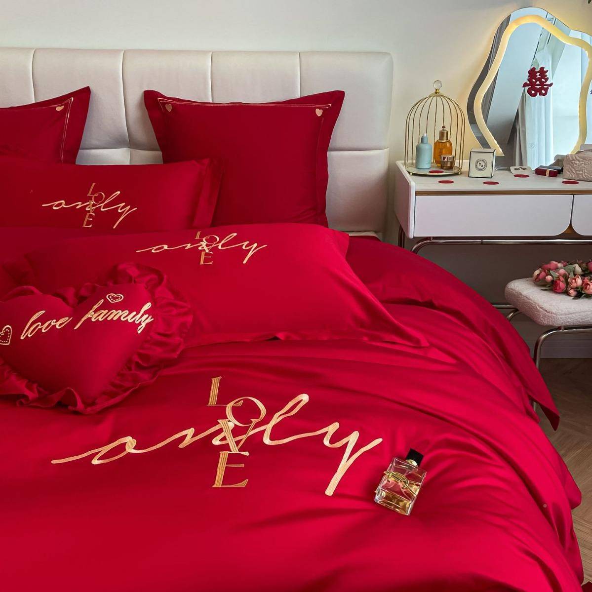 简约红色四件套中国风结婚上用品全棉套纯床单DFHM1007棉1床.8米