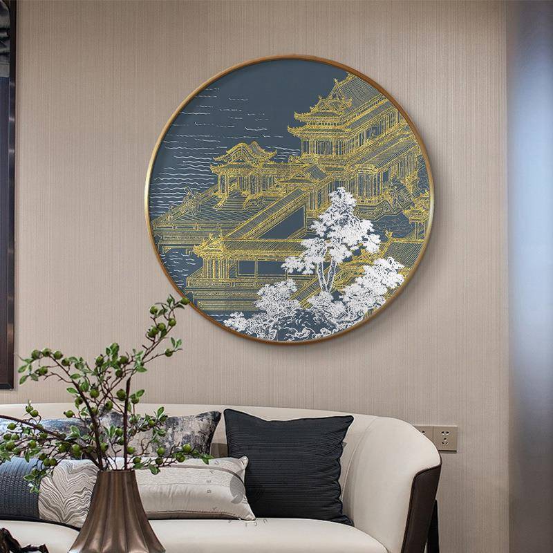 意MBD新中式圆形代关装饰画古建筑走廊挂画客厅别玄墅中国风境墙