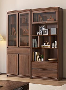 ?黑胡桃木架书实木柜中式书230330书一体靠墙玻璃门柜办公书房储