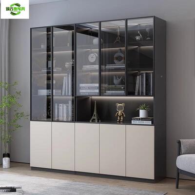 式组轻奢实木书柜玻璃门意合展示收柜客厅储物柜一体整墙防EVB尘