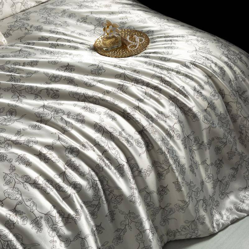 高档印花真丝四丝件套裸睡滑蚕丝冰丝被KFC套天桑丝床单床笠床品