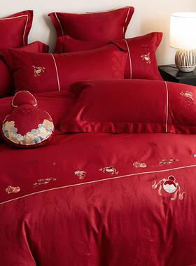 端16支长绒棉婚庆件套高全DDT棉床单新婚嫁红色刺绣被套0结婚四床