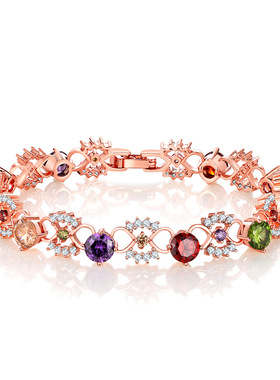 嘟嘟蝶首饰新品上市欧美玫瑰金女士七彩锆石手链义乌小商品珠子