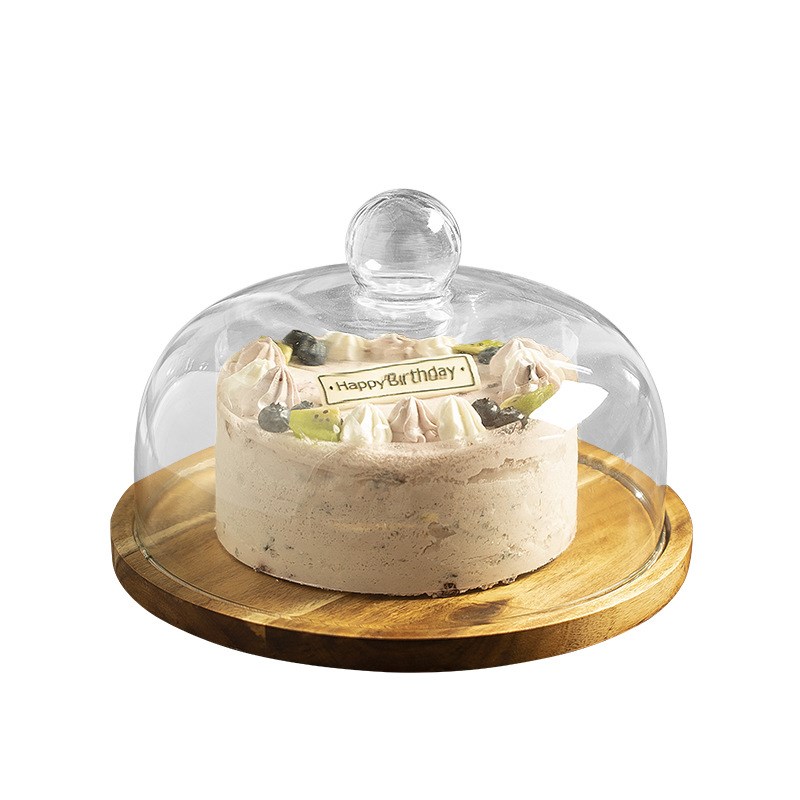 钠钙透明玻璃盖竹木旋转托盘玻璃食物罩蛋糕盘防尘展示玻璃罩