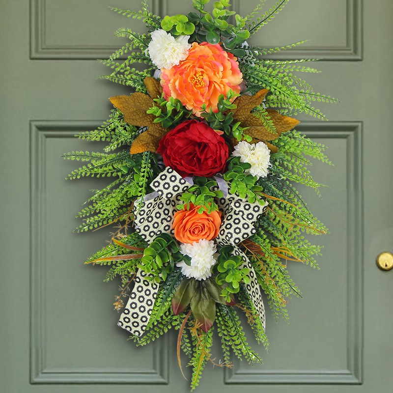 港之恋 跨境新品秋色季花环门挂豹纹丰收节壁挂仿真植物门前装饰