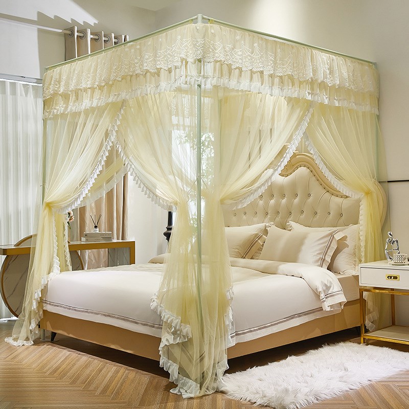 新款三开门落地宫廷蚊帐公主风床幔1.5m1.8米立柱支架1m2家用加密