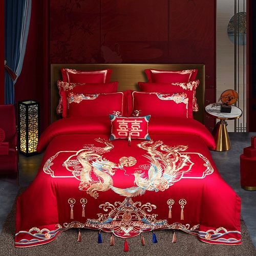 新款婚庆刺绣四件套大红色喜庆结婚床上用品婚礼送人高档120支