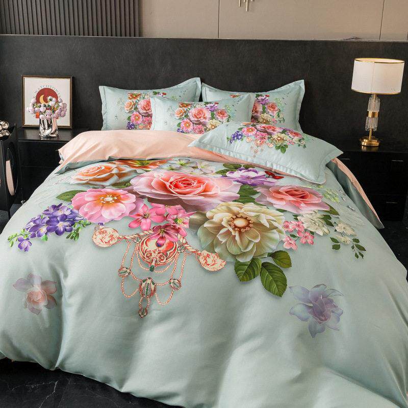 新款跨境轻奢贡棉大版花卉四件套直播热款级感床上用品