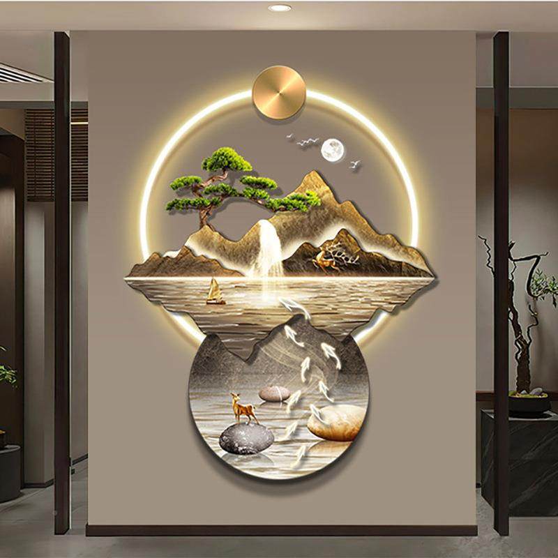 山水画玄挂画关廊入户迎客松新中式发光l走d氛围XQE灯带灯装e饰画