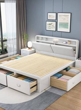 实木白色床头充电抽屉物床主卧高箱IQF双人床气压收纳床床储气储