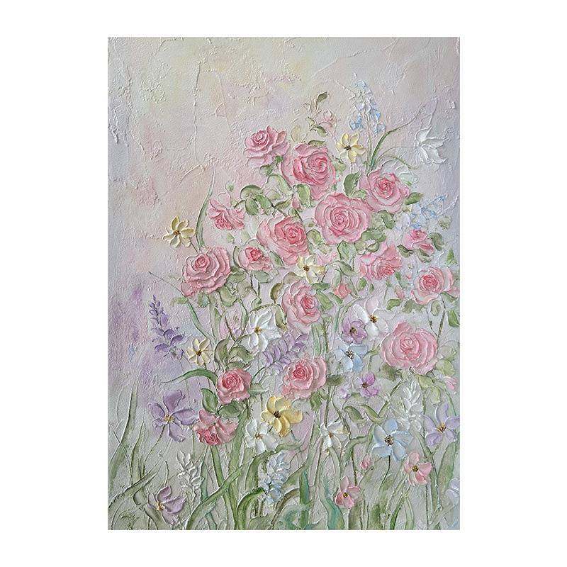 顺丰奶风玫瑰花油饰卉手绘油画肌画客AUI厅装画理大幅落地画法式