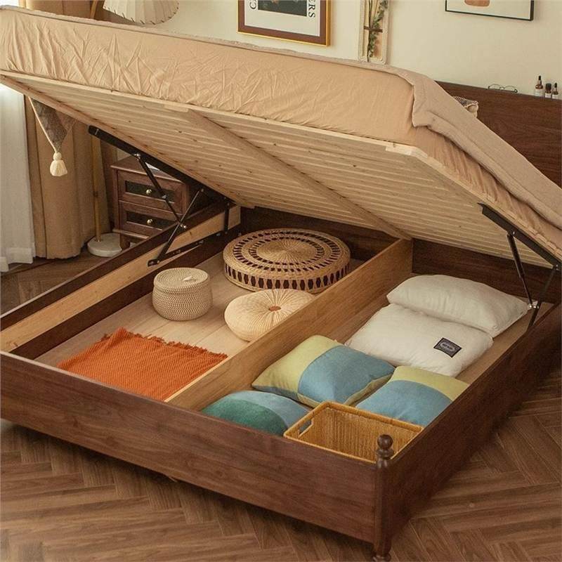 北美黑胡无品牌/桃木全木复悬浮高箱床美式古樱桃木压储物双人实