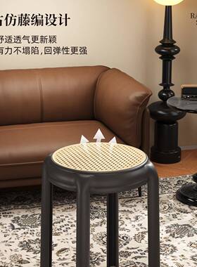 料中古塑凳HHH-132子叠家用高加厚可放藤编板凳复古圆凳客厅餐桌