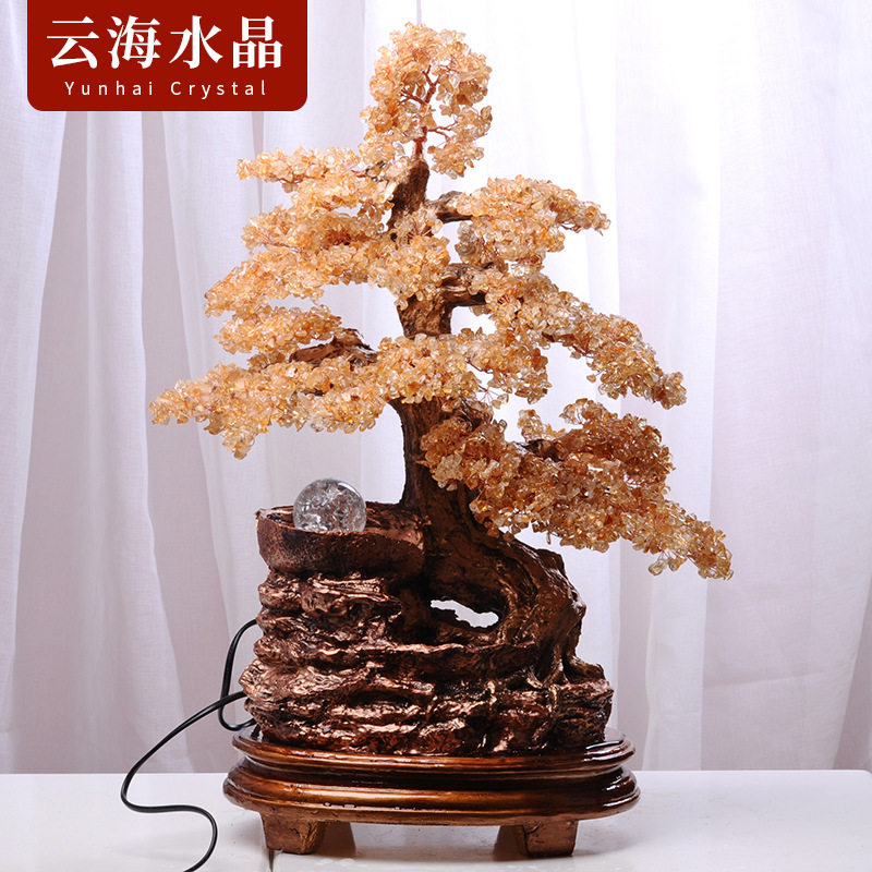 流水生财水晶树创意水晶工艺品摆件聚宝盆手工水晶发财树桌面摆件