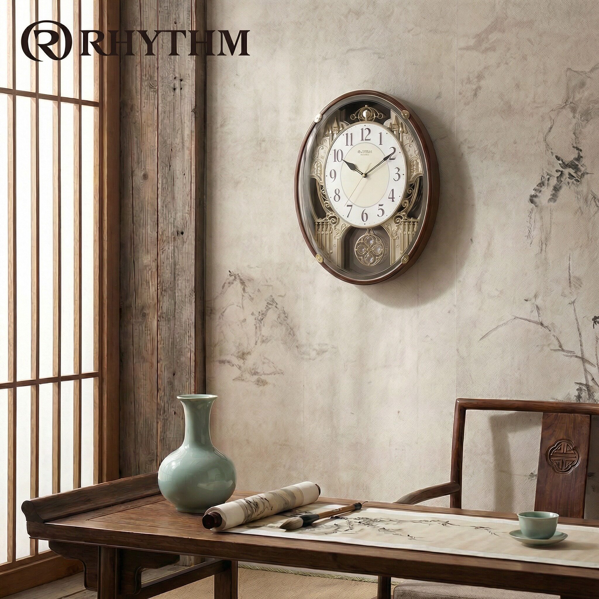 RHYTHM丽声日本钟表欧式客厅壁钟卧室光控音乐报时挂钟家用挂墙表