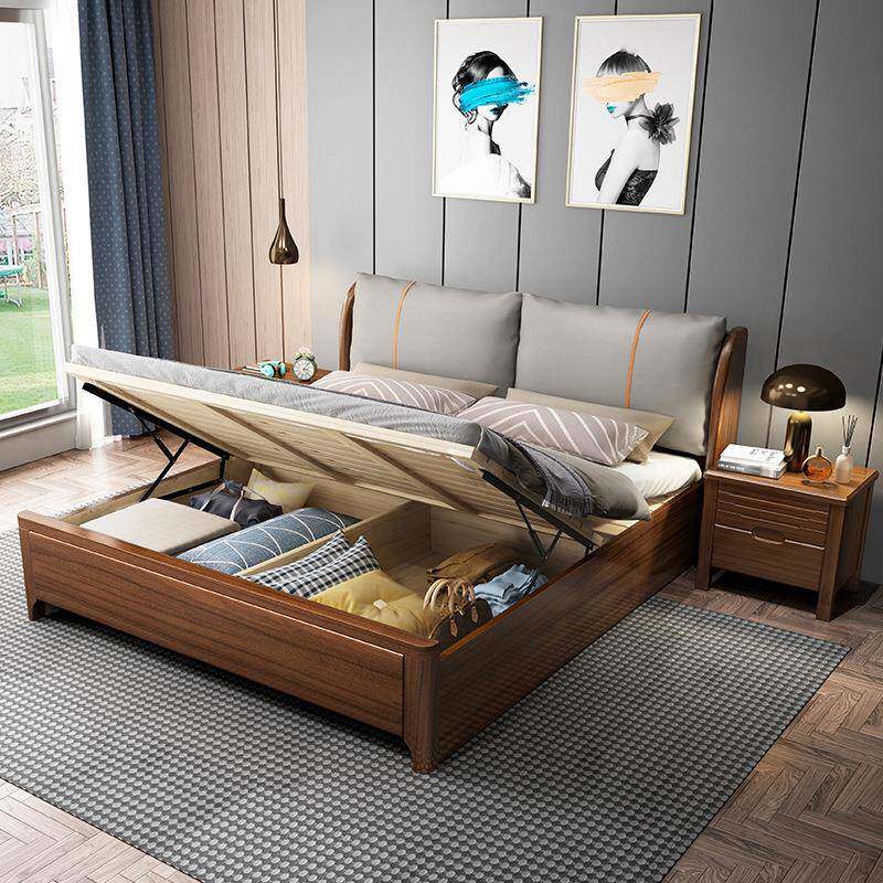 胡桃木软包大实木轻奢现代双人中式床简约SY-H101#主卧床气压高箱