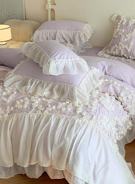 类法式玫瑰水洗棉四套件套韩床上版公主风蕾丝花边被CHBA床单款四