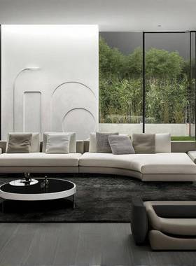 意式极简大平羽拼绒别墅TOX客厅转接层角异形弧形多人组合布艺沙