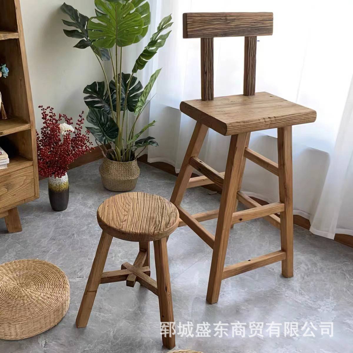 做旧复古风老榆木凳子禅意实木餐椅中式老门板家用餐厅用餐椅