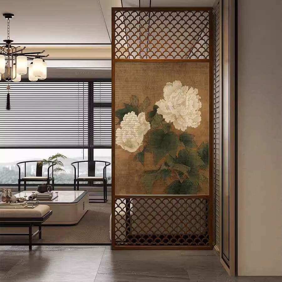 法式中古屏风隔花开富牡丹贵入户玄MD632132关客厅大厅卧茶室断餐