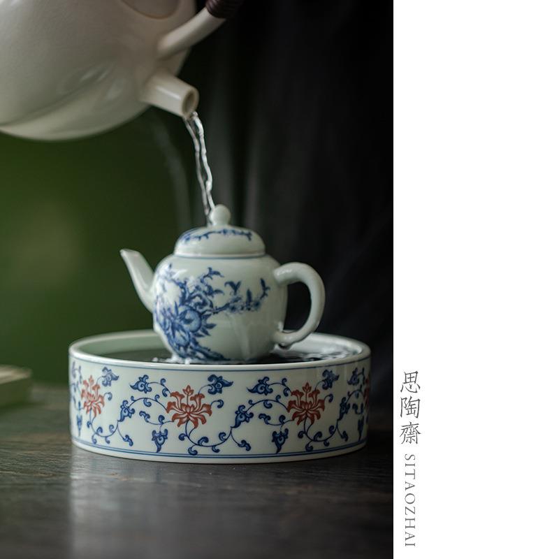 茶仿古青花壶泡承干盘釉里红高端储储水养壶水壶垫茶承壶托盖碗底