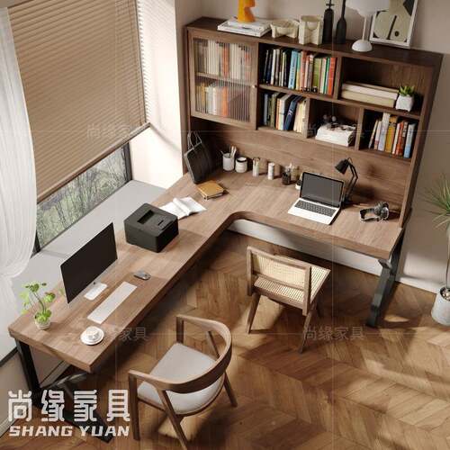 实木转角书桌架书家用拐角双人办公l桌书房靠柜墙型电脑桌CY-8101