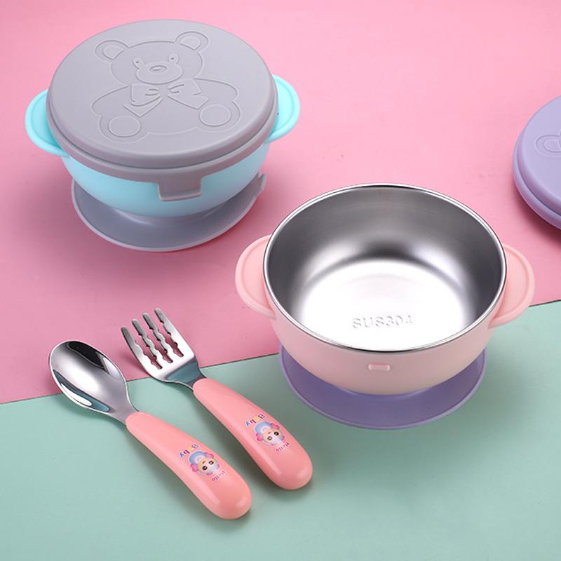 儿童3厚0童4不锈通钢餐具卡四色叉勺儿叉子勺子宝宝辅食手柄叉勺
