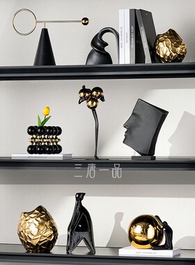 轻奢风客厅电视柜酒柜黑金摆件高级感酒店样板间壁柜艺术软装饰品