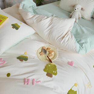床新款母婴类水洗棉件毛巾绣被套四件套学ICPA生单人床三套床单笠