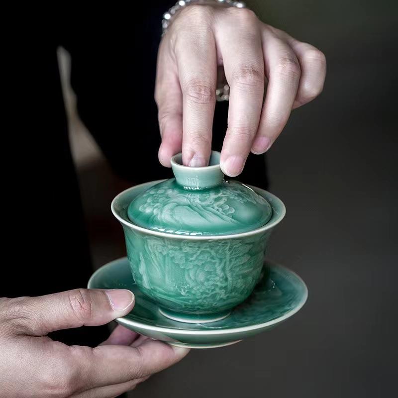 青瓷三才盖碗单个00888茶泡陶瓷茶茶具个人带碗盖不烫手文人茶室