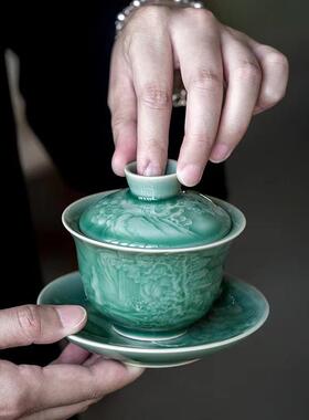 青瓷三才盖碗单个00888茶泡陶瓷茶茶具个人带碗盖不烫手文人茶室