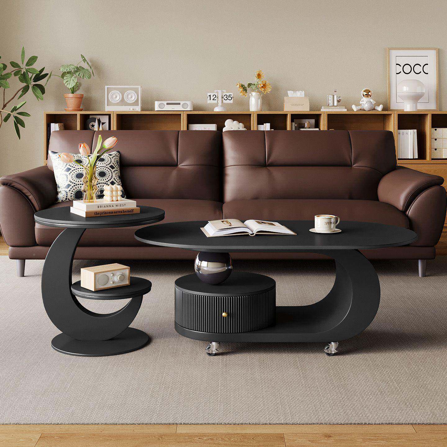 几意式圆形功岩板茶几客ULL厅家用多能岩板茶阳台茶桌简约轻奢茶