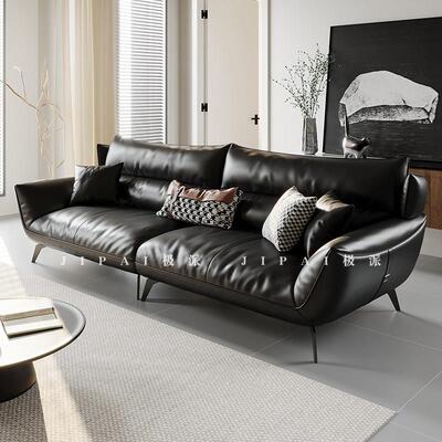 极派大黑牛真皮沙发头层牛皮客厅直排意式极简黑色三人位2024新款
