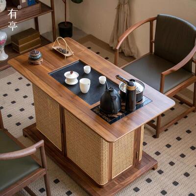 有亭新中式实木茶桌椅组合小户型阳台泡茶桌藤编小泡茶台功夫茶台