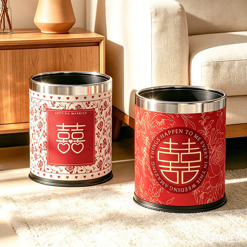红色喜庆结婚创意垃圾桶家用客厅卧室婚房装饰喜字女方陪嫁卫生桶