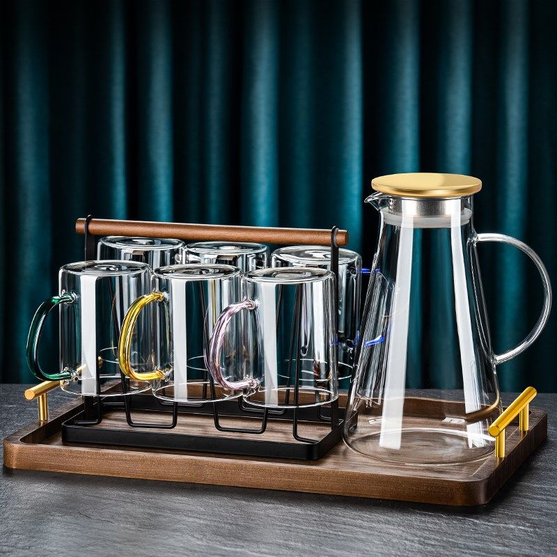 玻璃茶杯套装6只客厅泡绿茶杯子家用喝水一家人区分水杯带把