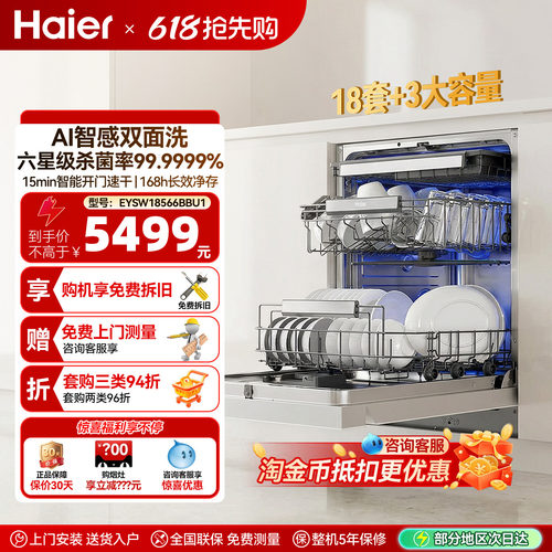海尔麦浪洗碗机双面洗18套家用全自动嵌入式消毒功能W5000Plus