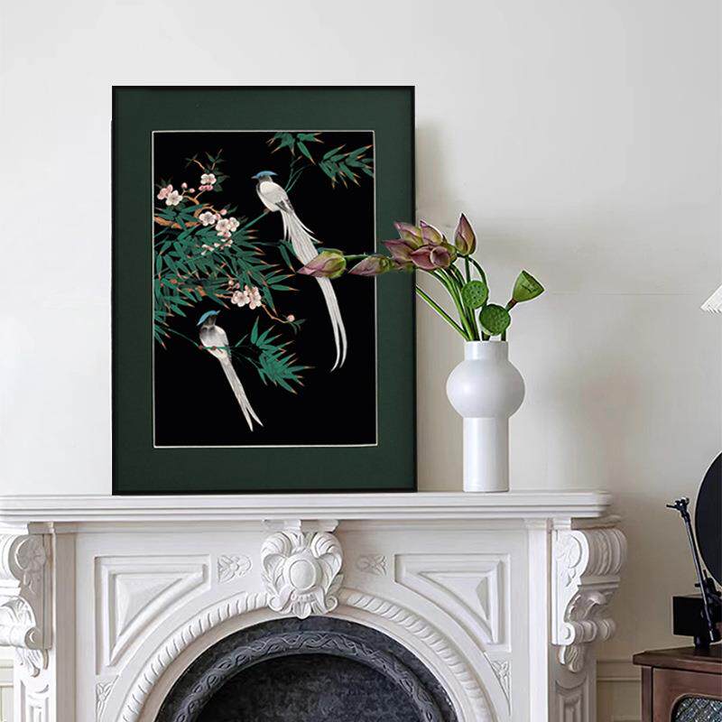 绶带鸟国风花鸟装饰中画新挂画式壁法式中古风客厅IOZ墙上卧室床