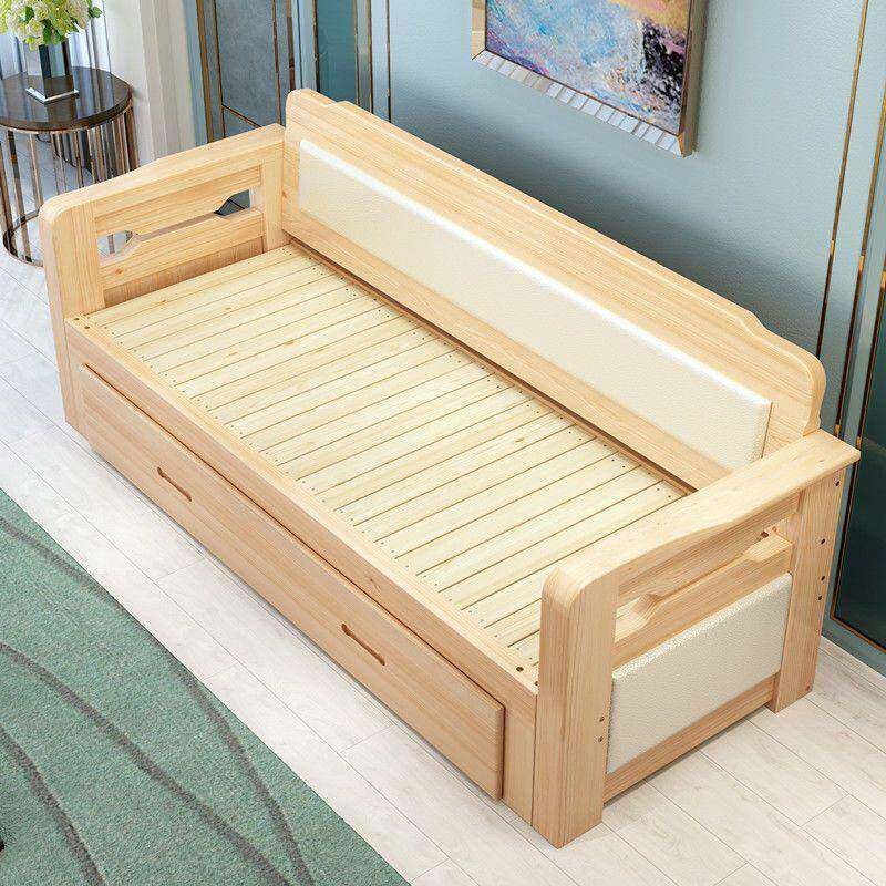 实木沙发床新中式可折叠小户型双人坐卧推拉客厅多功能伸缩床两用