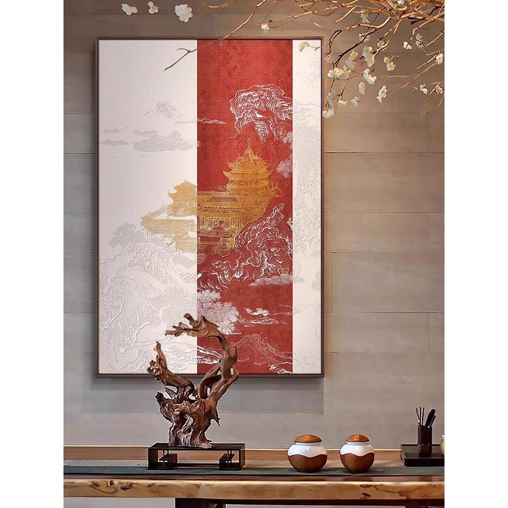 入户玄关立浮体雕挂画酒店过GWI道画新中式山壁水楼阁高档气装饰