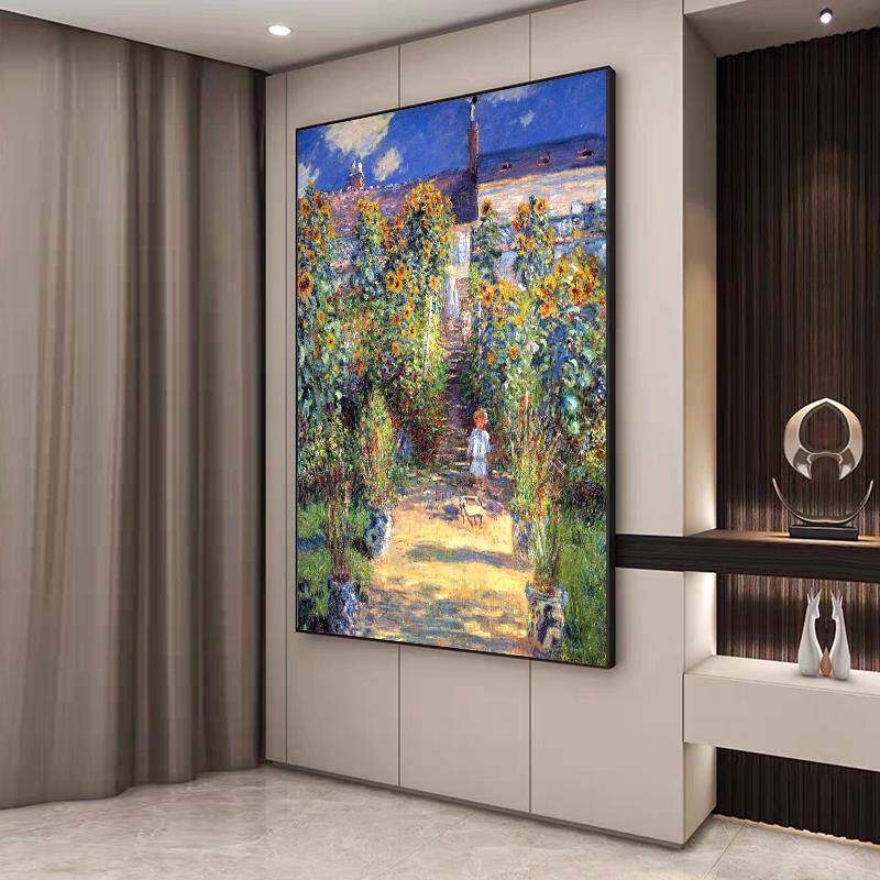 帝旗莫奈名画韦特伊花园手绘油画美式欧式装饰画玄关入户风景挂画