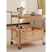 ?古实木TKX小推车可藤编置不锈钢滑轮餐车移动边收纳沙中几发储物