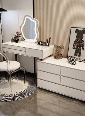 奶缩油风卧室岩板实头木体梳妆台小户型床柜RWN一伸书桌化妆现代