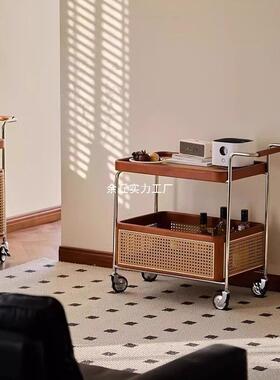 边几架中古小推车实动木藤编OJC客厅移收纳置物双层带餐边柜轮家
